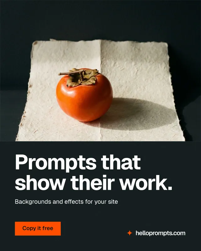 Instagram portrait post for HelloPrompts: "Prompts that show their work." Swiss style, bottom layout, dark palette in black, orange, grey.
