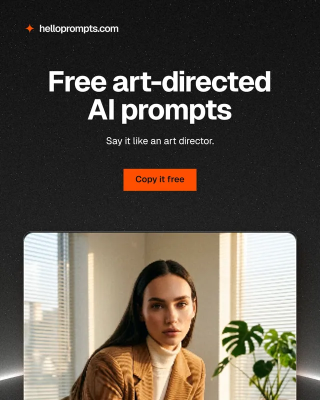 Instagram portrait post for HelloPrompts: "Free art-directed AI prompts". Swiss style, centred layout, dark palette in orange, black.