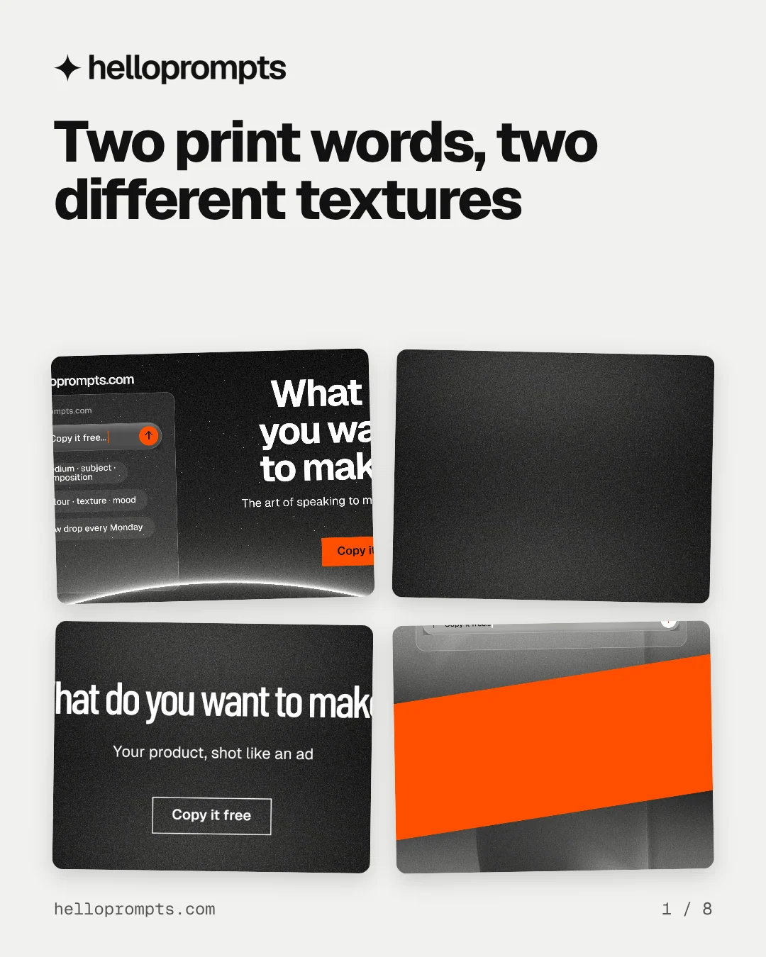 Carousel for HelloPrompts: "Two print words, two different textures". Collection carousel, 8 slides, light palette.