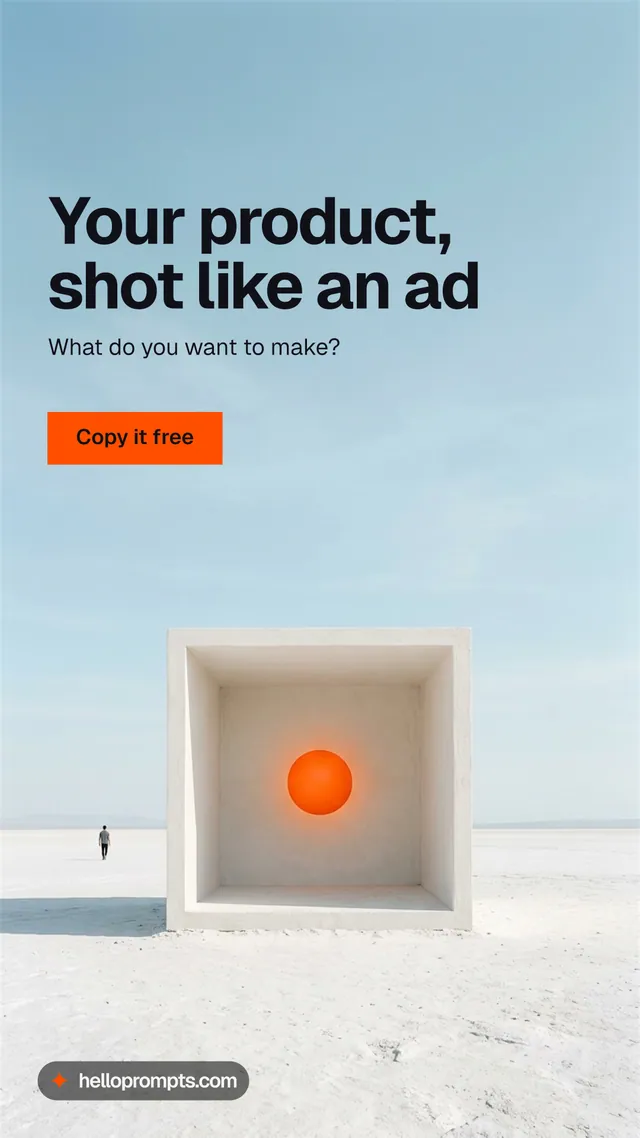 Instagram story for HelloPrompts: "Your product, shot like an ad". Swiss style, bottom layout, light palette in blue, grey, white.