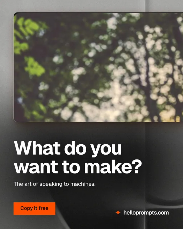 Instagram portrait post for HelloPrompts: "What do you want to make?" Swiss style, bottom layout, dark palette in black, grey.