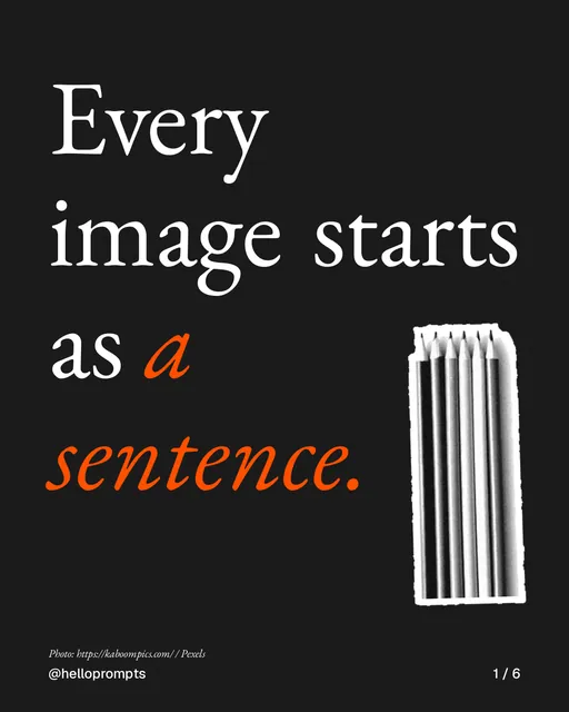 Carousel for HelloPrompts: "Every image starts as a sentence.". Cutout essay, 6 slides, dark palette.