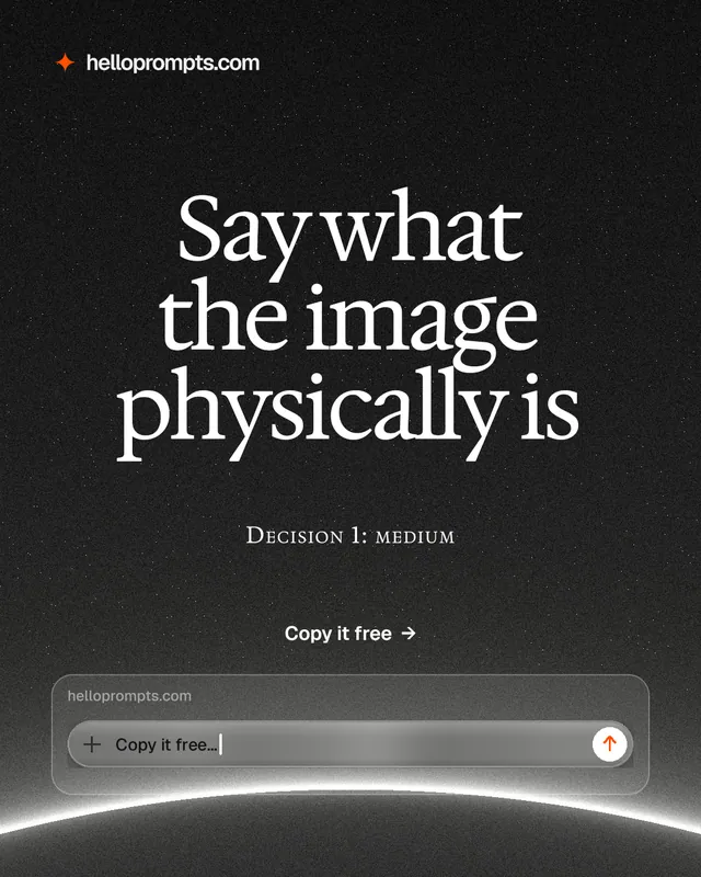 Instagram portrait post for HelloPrompts: "Say what the image physically is". Swiss style, smallcaps layout, dark palette in black, grey.
