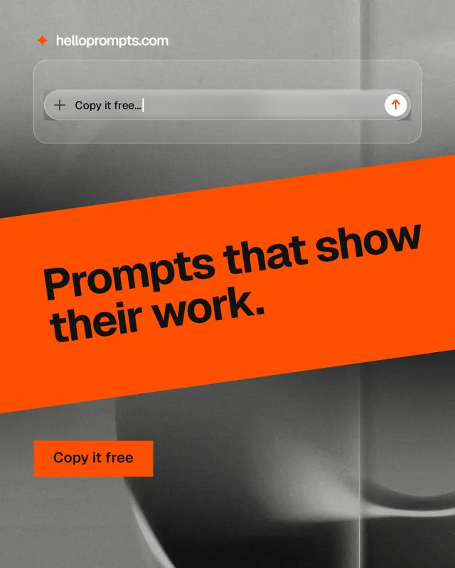 Instagram portrait post for HelloPrompts: "Prompts that show their work." Swiss style, diagonal layout, light palette in orange, grey.