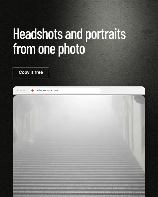 Instagram portrait post for HelloPrompts: "Headshots and portraits from one photo". Dark deco style, browser layout, light palette in black, grey, white.