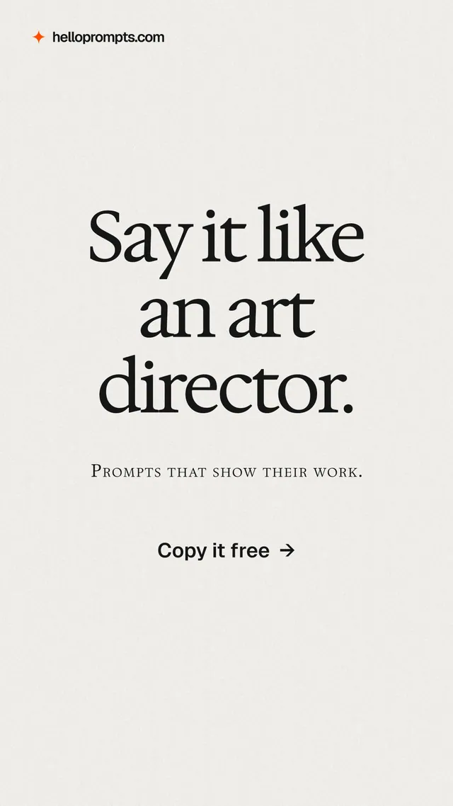Instagram story for HelloPrompts: "Say it like an art director." Data card style, smallcaps layout, light palette in white, grey.