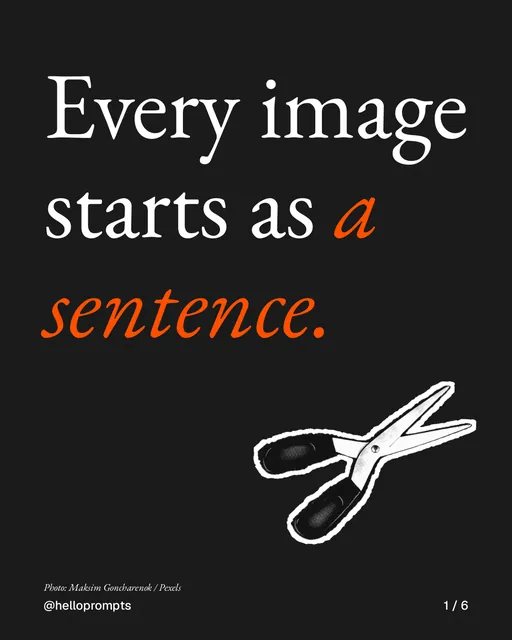 Carousel for HelloPrompts: "Every image starts as a sentence.". Cutout essay, 6 slides, dark palette.