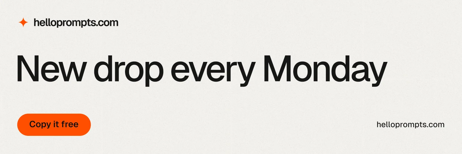 X header for HelloPrompts: "New drop every Monday". Data card style, poster layout, light palette in white, grey.
