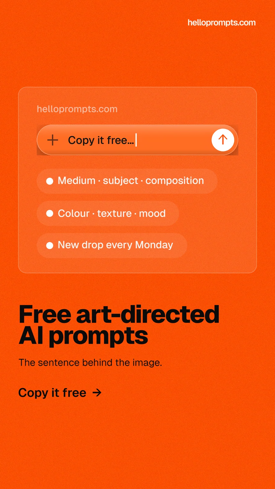 Instagram story for HelloPrompts: "Free art-directed AI prompts". Turn card style, bottom layout, light palette in orange.