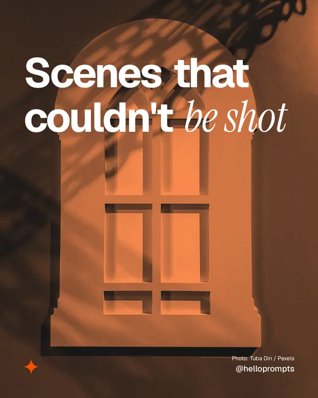 Instagram portrait post for HelloPrompts: "Scenes that couldn't be shot". Duotone style, technique:pexels ingredient layout, dark palette in orange, brown.