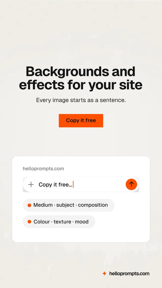 Instagram story for HelloPrompts: "Backgrounds and effects for your site". Swiss style, centred layout, light palette in white, yellow, orange.