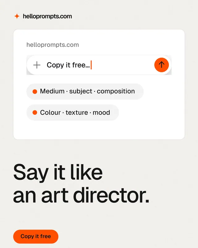 Instagram portrait post for HelloPrompts: "Say it like an art director." Data card style, bottom layout, light palette in white.