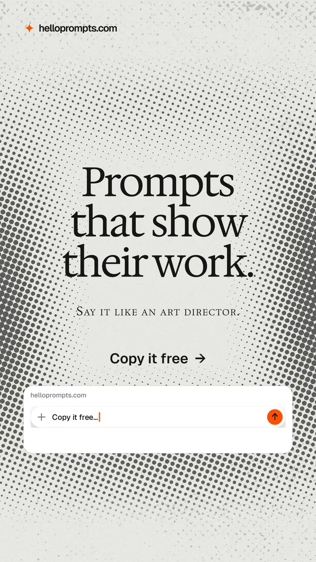 Instagram story for HelloPrompts: "Prompts that show their work." Swiss style, smallcaps layout, light palette in white, grey.