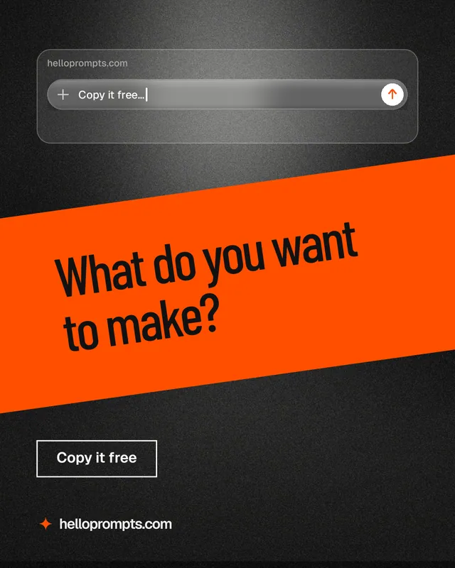 Instagram portrait post for HelloPrompts: "What do you want to make?" Dark deco style, diagonal layout, dark palette in black, orange, brown.