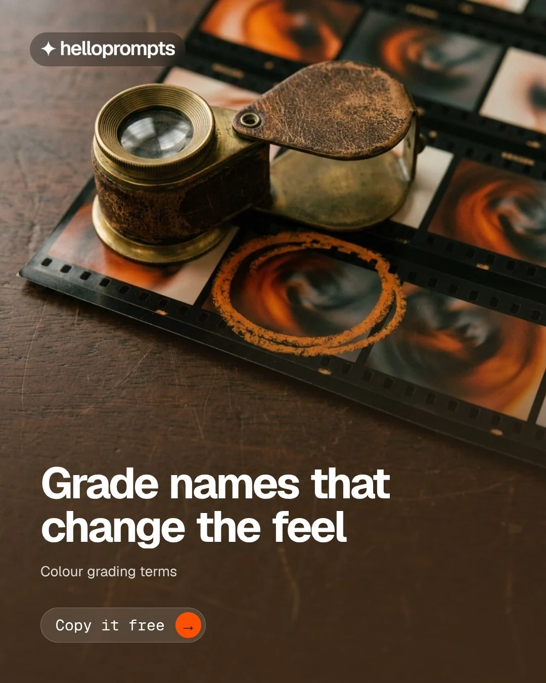 Video for HelloPrompts: "Grade names that change the feel". Doc motion loop, 8.0 s, dark palette.