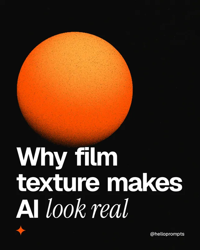 Instagram portrait post for HelloPrompts: "Why film texture makes AI look real". Auto 4x5 style, technique:shader field layout, dark palette in black, brown.