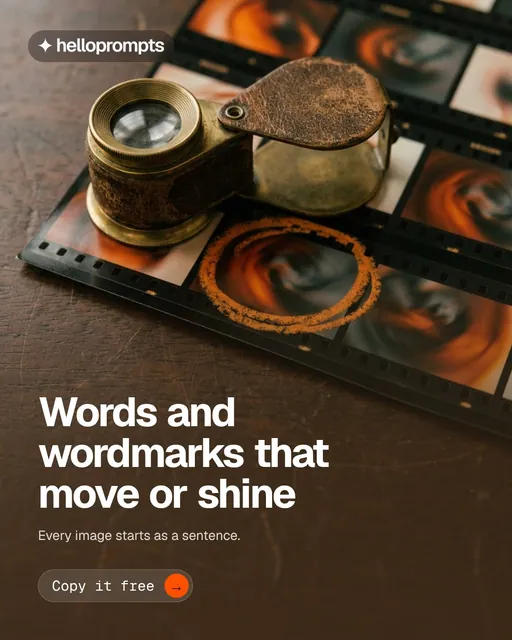 Video for HelloPrompts: "Words and wordmarks that move or shine". Doc motion loop, 8.0 s, dark palette.