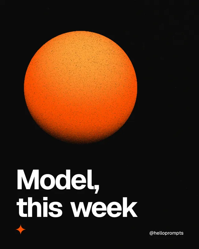 Instagram portrait post for HelloPrompts: "Model, this week". Auto 4x5 style, technique:shader field layout, dark palette in black, brown.
