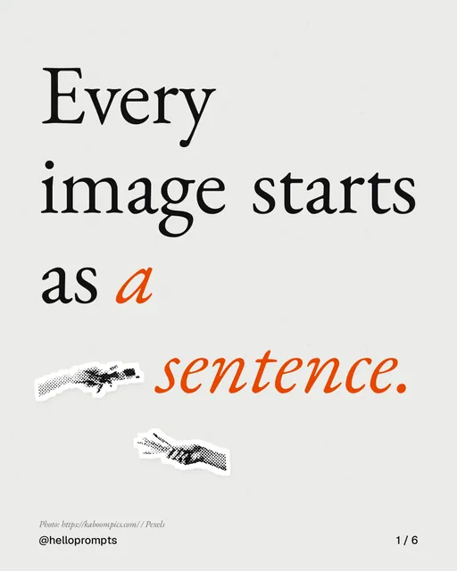 Carousel for HelloPrompts: "Every image starts as a sentence.". Cutout essay, 6 slides, light palette.