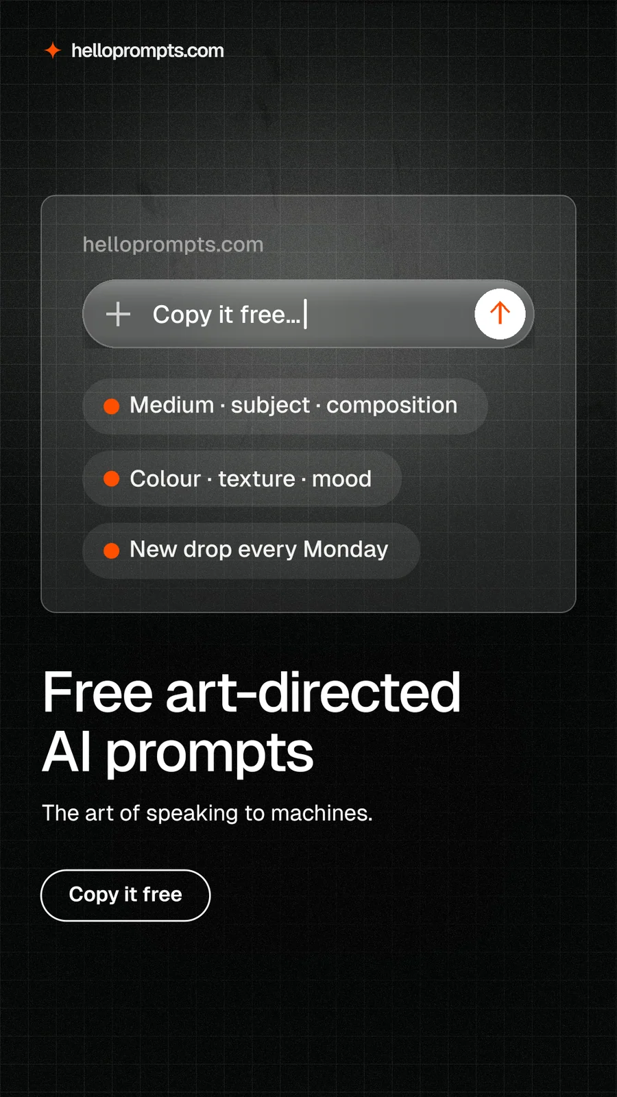 Instagram story for HelloPrompts: "Free art-directed AI prompts". Phosphor atlas style, bottom layout, dark palette in black, grey.