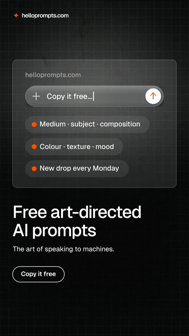 Instagram story for HelloPrompts: "Free art-directed AI prompts". Phosphor atlas style, bottom layout, dark palette in black, grey.
