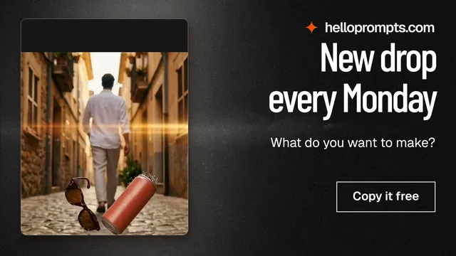 Landscape graphic for HelloPrompts: "New drop every Monday". Dark deco style, right layout, dark palette in orange, black, grey.