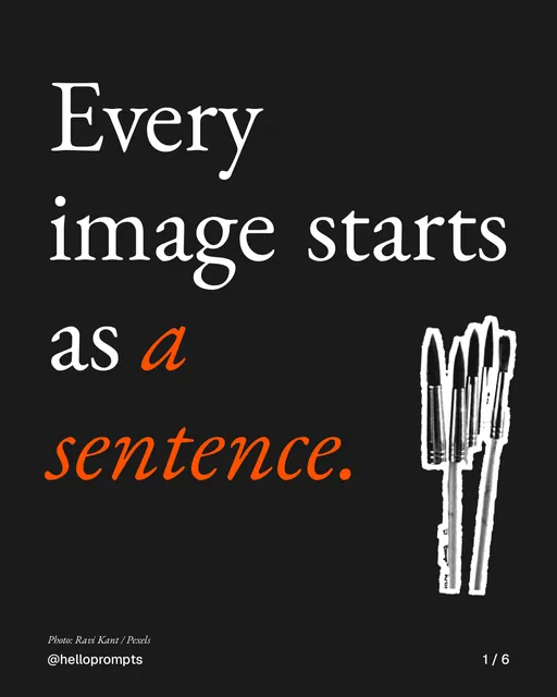 Carousel for HelloPrompts: "Every image starts as a sentence.". Cutout essay, 6 slides, dark palette.