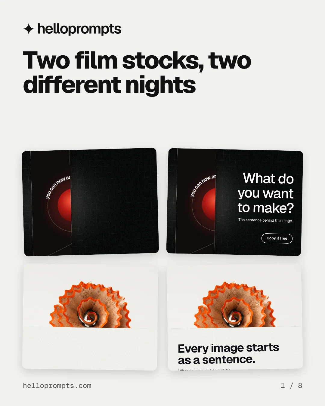 Carousel for HelloPrompts: "Two film stocks, two different nights". Collection carousel, 8 slides, light palette.