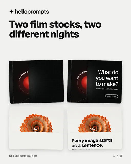 Carousel for HelloPrompts: "Two film stocks, two different nights". Collection carousel, 8 slides, light palette.
