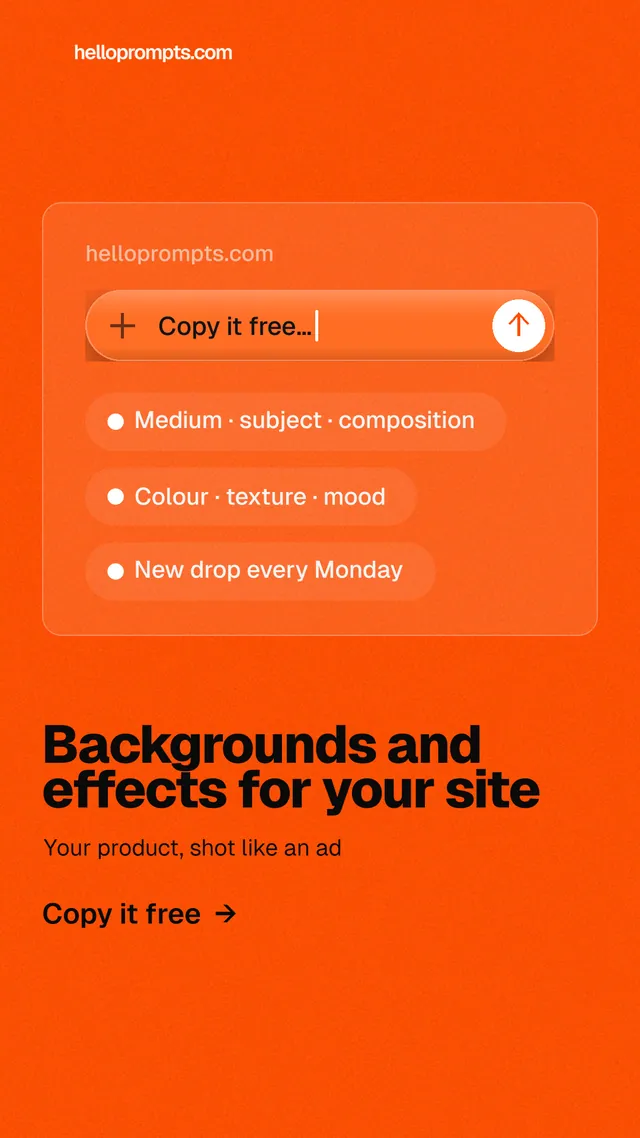 Instagram story for HelloPrompts: "Backgrounds and effects for your site". Turn card style, bottom layout, light palette in orange.