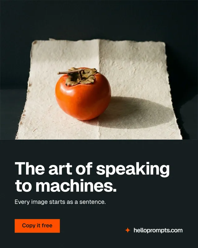 Instagram portrait post for HelloPrompts: "The art of speaking to machines." Swiss style, bottom layout, dark palette in black, yellow, orange.