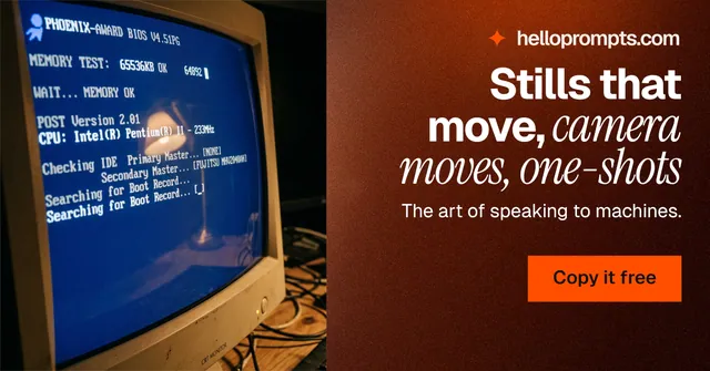 Social ad for HelloPrompts: "Stills that move, camera moves, one-shots". Swiss style, right layout, dark palette in red, black, orange.