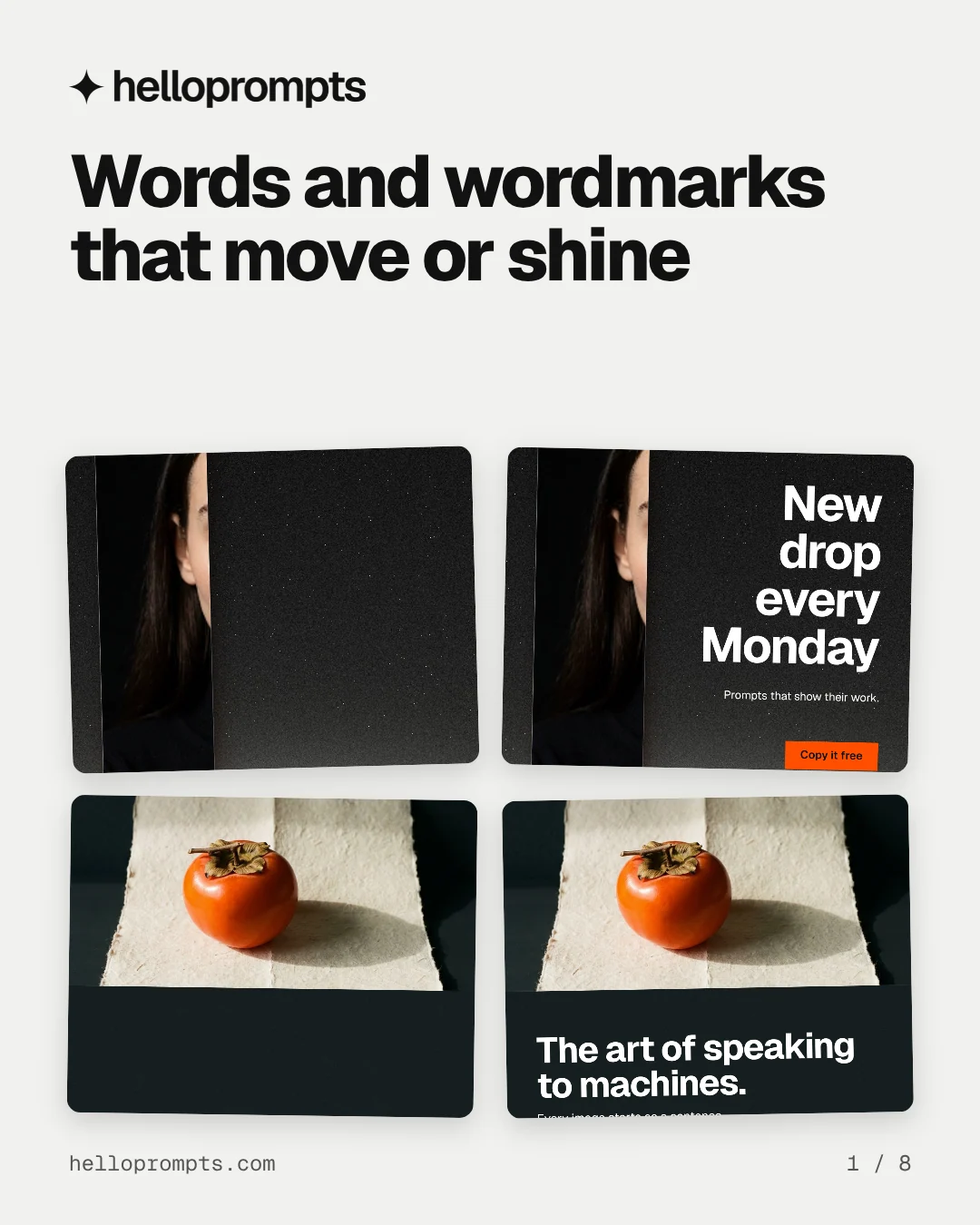 Carousel for HelloPrompts: "Words and wordmarks that move or shine". Collection carousel, 8 slides, light palette.