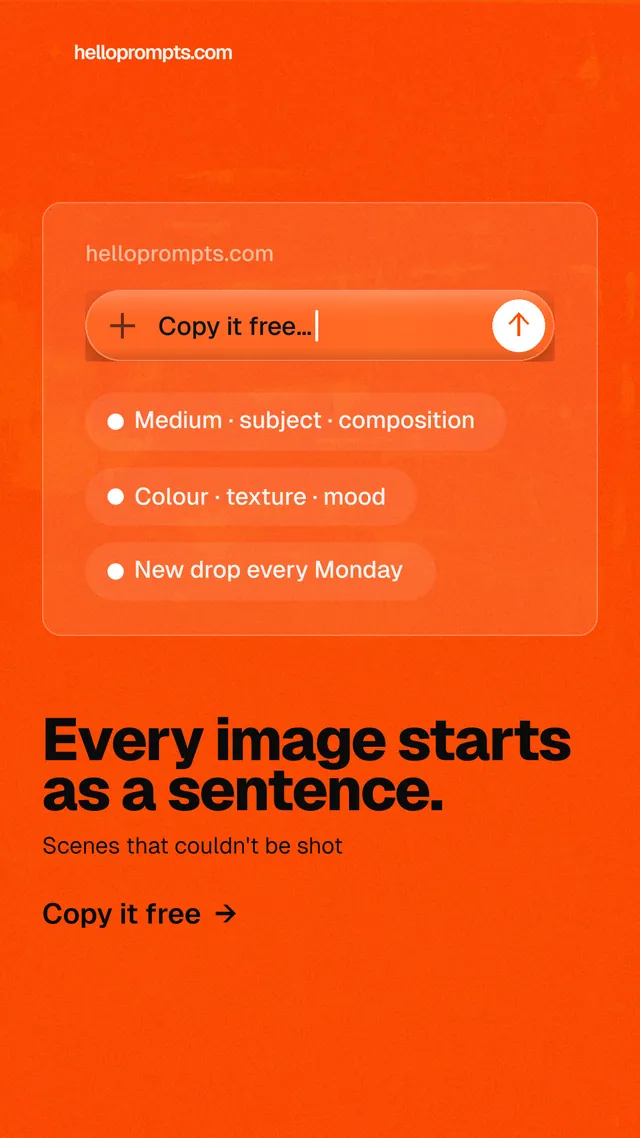 Instagram story for HelloPrompts: "Every image starts as a sentence." Turn card style, bottom layout, light palette in orange.