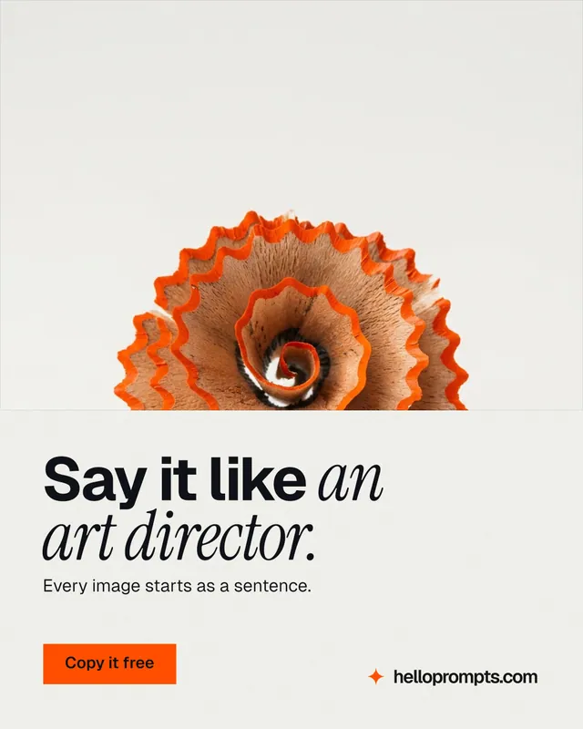 Instagram portrait post for HelloPrompts: "Say it like an art director." Swiss style, bottom layout, light palette in white, orange.