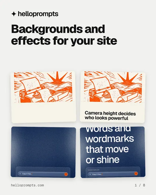 Carousel for HelloPrompts: "Backgrounds and effects for your site". Collection carousel, 8 slides, light palette.