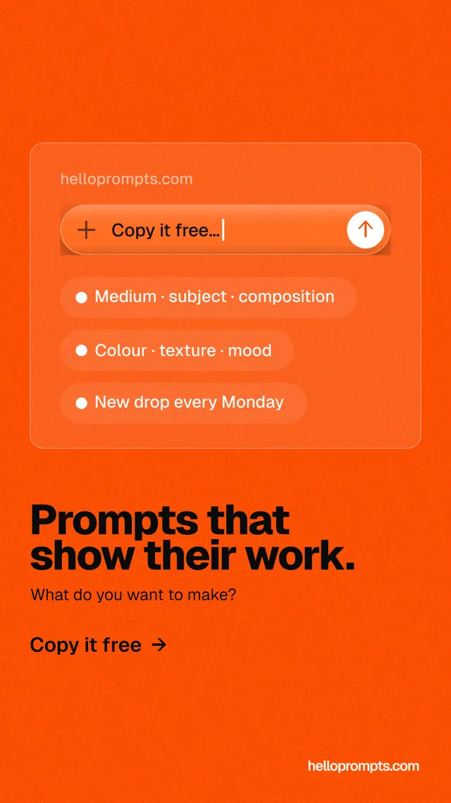 Instagram story for HelloPrompts: "Prompts that show their work." Turn card style, bottom layout, light palette in orange.