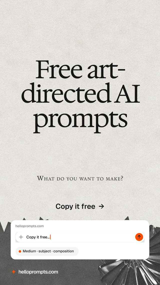 Instagram story for HelloPrompts: "Free art-directed AI prompts". Paper trio style, smallcaps layout, light palette in white, grey.