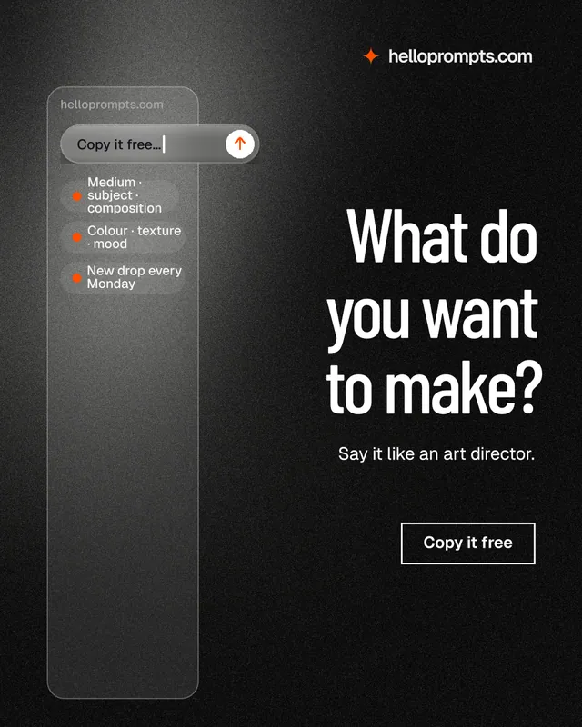Instagram portrait post for HelloPrompts: "What do you want to make?" Dark deco style, right layout, dark palette in black, grey.