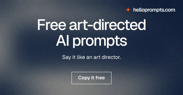 Social ad for HelloPrompts: "Free art-directed AI prompts". Cyanotype style, centred layout, dark palette in blue, grey.