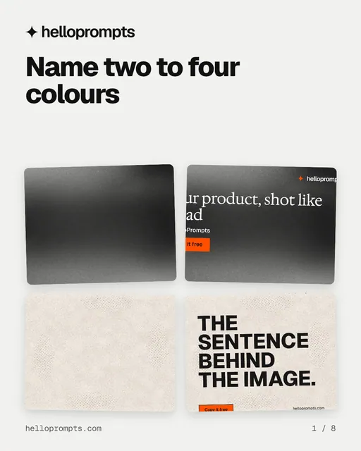 Carousel for HelloPrompts: "Name two to four colours". Collection carousel, 8 slides, light palette.