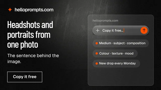 Landscape graphic for HelloPrompts: "Headshots and portraits from one photo". Dark deco style, bottom layout, dark palette in black, grey.