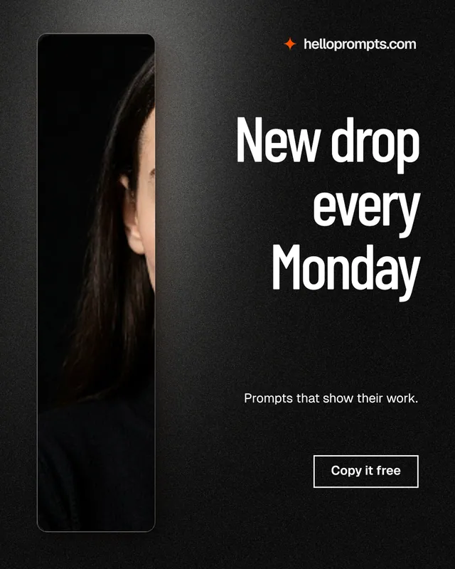 Instagram portrait post for HelloPrompts: "New drop every Monday". Dark deco style, right layout, dark palette in black, grey.