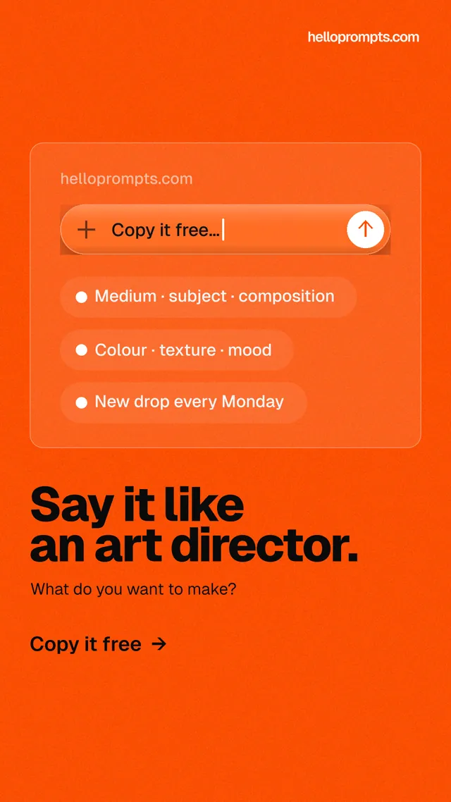 Instagram story for HelloPrompts: "Say it like an art director." Turn card style, bottom layout, light palette in orange.
