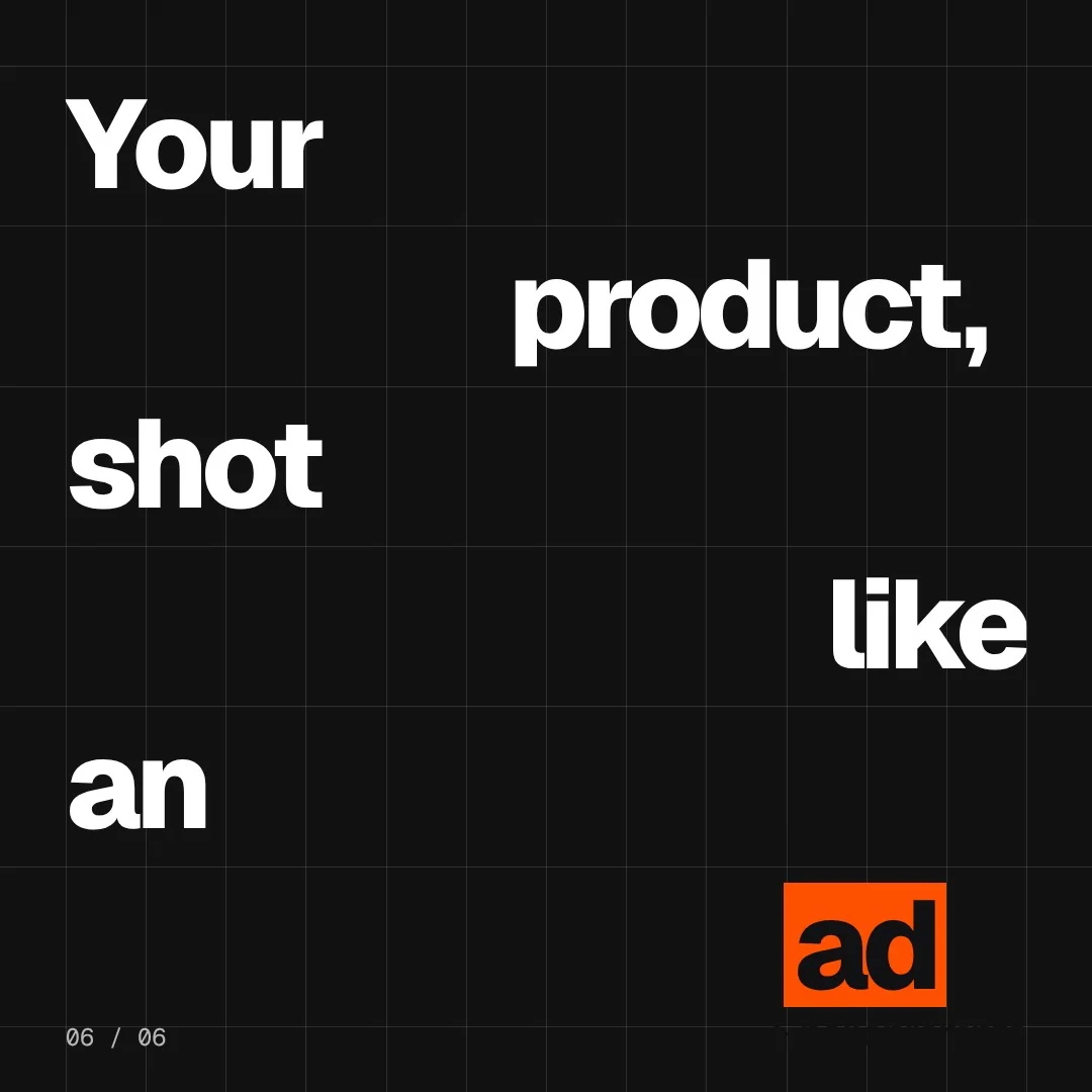 Video for HelloPrompts: "Your product, shot like an ad". Kinetic type grid, 6.0 s, dark palette.