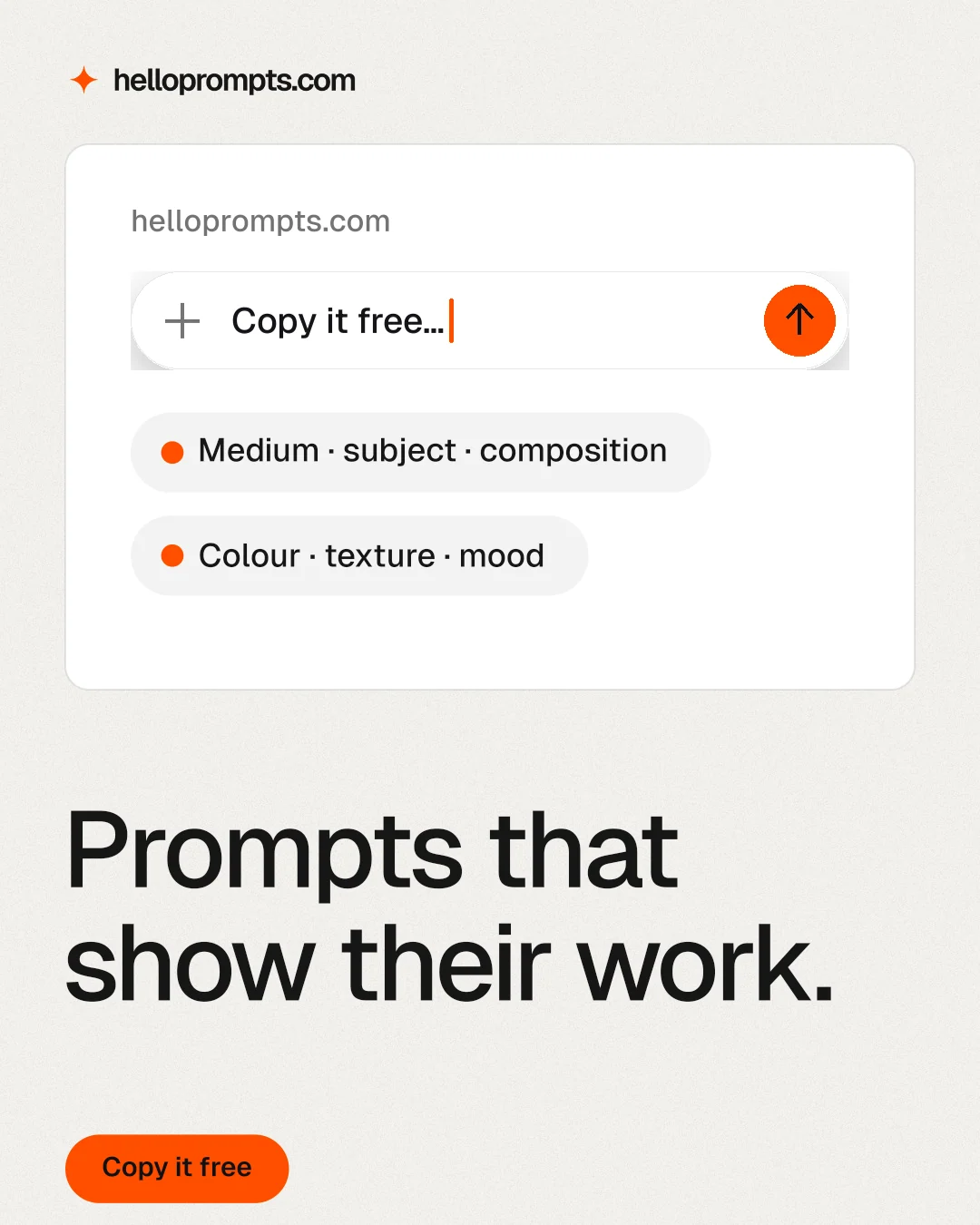 Instagram portrait post for HelloPrompts: "Prompts that show their work." Data card style, bottom layout, light palette in white, grey.