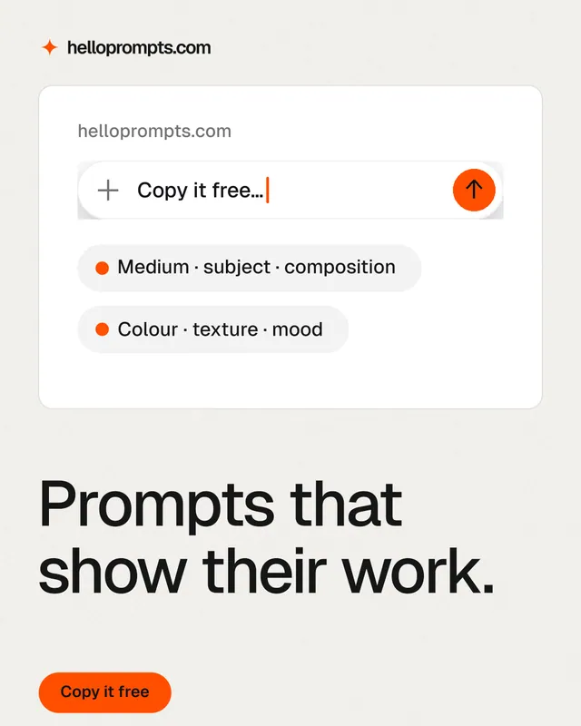 Instagram portrait post for HelloPrompts: "Prompts that show their work." Data card style, bottom layout, light palette in white, grey.