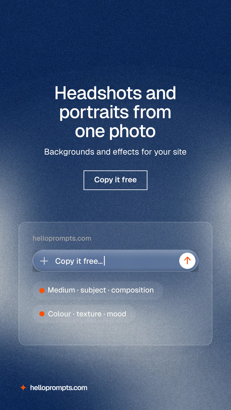 Instagram story for HelloPrompts: "Headshots and portraits from one photo". Cyanotype style, centred layout, dark palette in blue, grey.