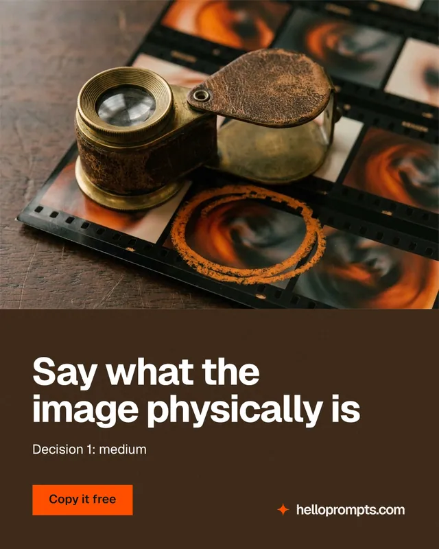 Instagram portrait post for HelloPrompts: "Say what the image physically is". Swiss style, bottom layout, dark palette in orange, black, grey.