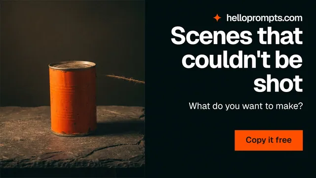 Landscape graphic for HelloPrompts: "Scenes that couldn't be shot". Swiss style, right layout, dark palette in black, orange, brown.